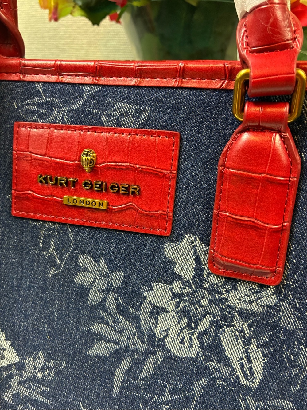Kurt Geiger Blue Floral Denim & Red Croc Embossed Leather Chiswick Tote - NWT - Picture 2 of 12